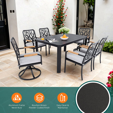 7-PC Bourbon Brown Aluminum Patio Dining Set: 6-Seater Outdoor Furniture with 4 Chairs, 2 Swivel Rockers, Sunbrella Cushions, Branch Backrest, Rectangular Table w/ Umbrella Hole for Garden & Patio Relaxation