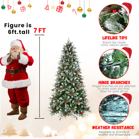 5FT Snow-Dusted Christmas Tree: 1131 Tips, Red Berries &amp; Pine Cones, Hinged PE+PVC Branches, Metal Stand - Full Natural Holiday Decoration for Home &amp; Office