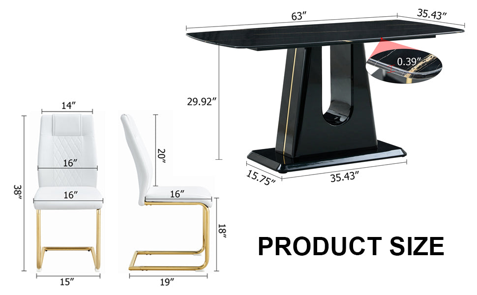 Modern Minimalist Dining Table Set with Imitation Marble Glass Top & Comfortable Chairs, Seats 4-8, U-Bracket MDF Legs, Black+Gold, Perfect for Dining & Living Rooms