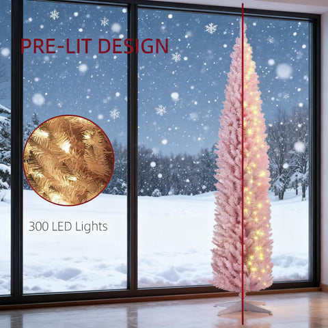 8ft Pink Pencil Christmas Tree with Warm White LED Lights | Slim, Flame-Retardant Artificial Tree for Indoor Home Decor & Small Spaces