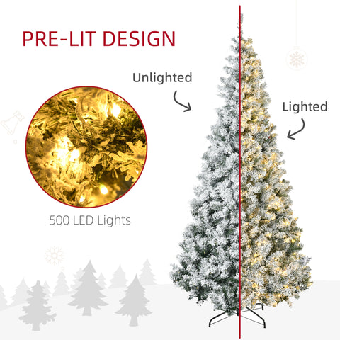 HOMCOM 7.5ft Snow Flocked Artificial Christmas Tree | 1188 Branches, 500 Warm White LED Lights, Auto Open, Green | Realistic Holiday Decor for Indoor Home & Fireplace Ambiance