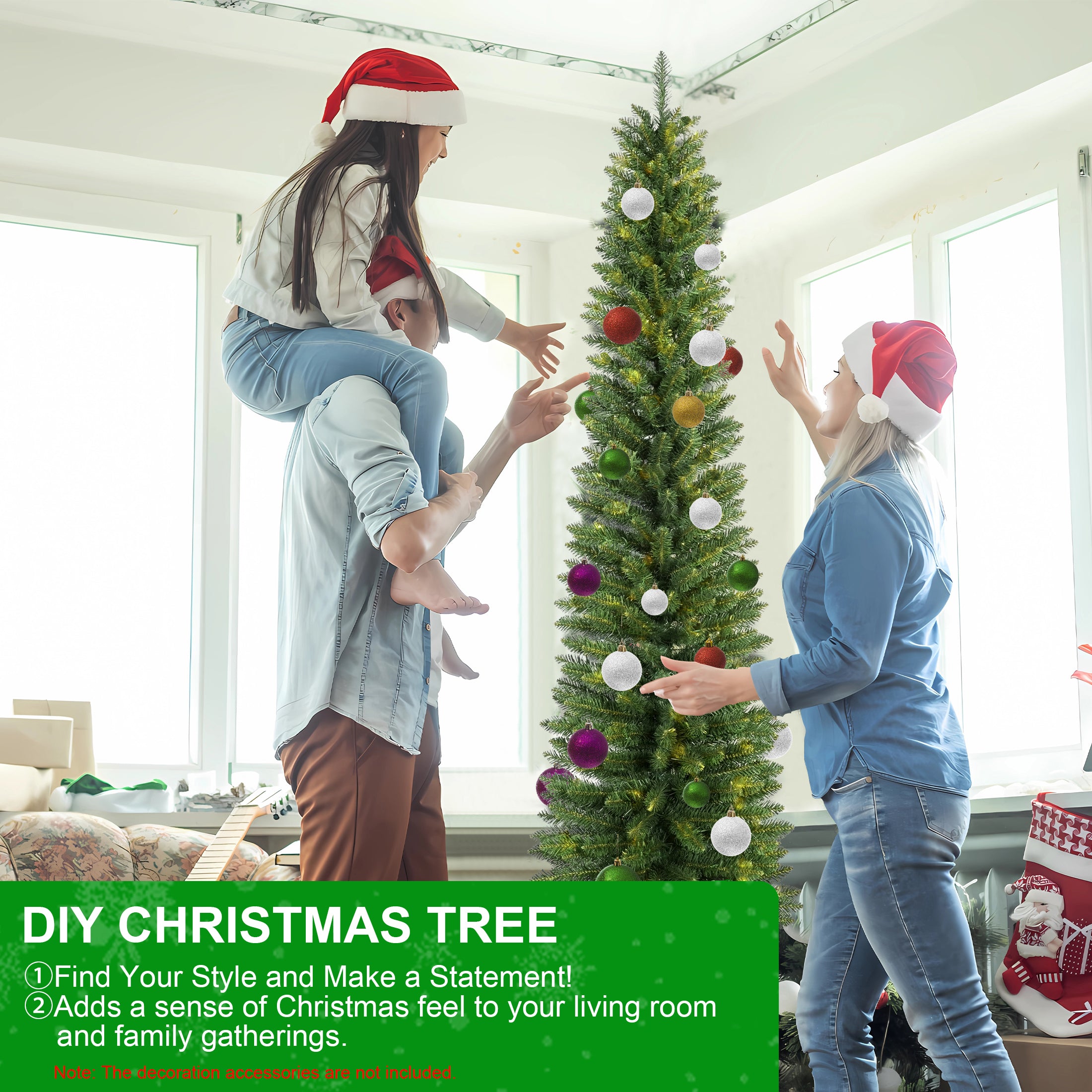 6FT Green Pencil Christmas Tree - Slim PVC Artificial Tree with 358 Tips & Metal Stand. Space-Saving Design for Small Apartments, Corners & Entryways. Realistic Full Foliage, Easy Setup.