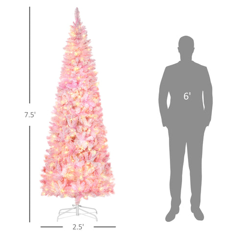 HOMCOM 7.5ft Snow Flocked Pencil Christmas Tree, Pink & White, Warm White LEDs, Auto-Open Branches, Realistic Pine, Flame-Retardant Plastic, Indoor Holiday Decor