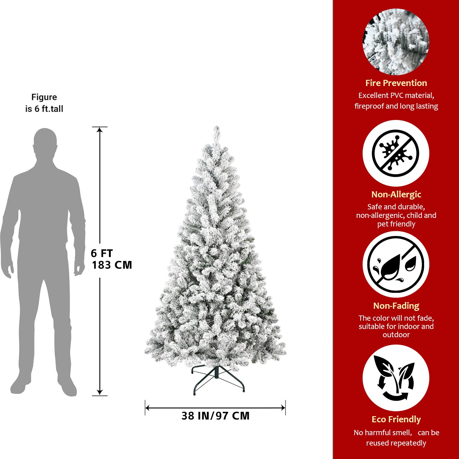 5FT Snow-Flocked Artificial Christmas Tree - Full Shape PVC Winter Wonderland Holiday Decor with 407 Tips &amp; Sturdy Metal Stand for Home, Office, Apartment