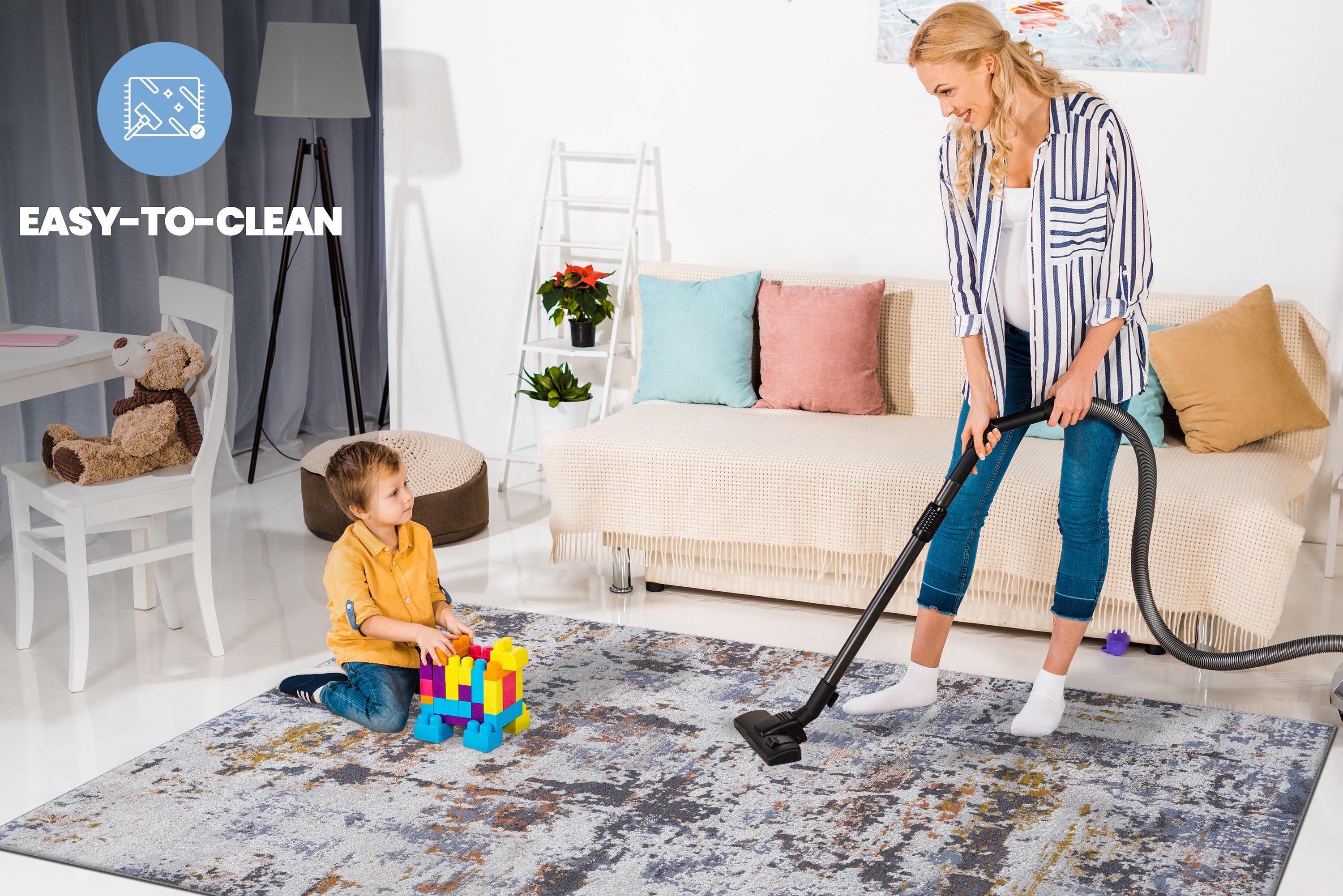 PAYAS Collection 2'x3' Abstract Doormat Rug - Stain-Resistant, Non-Shedding Polyester Ivory &amp; Navy Indoor/Outdoor Entryway, Living Room, Pet-Friendly