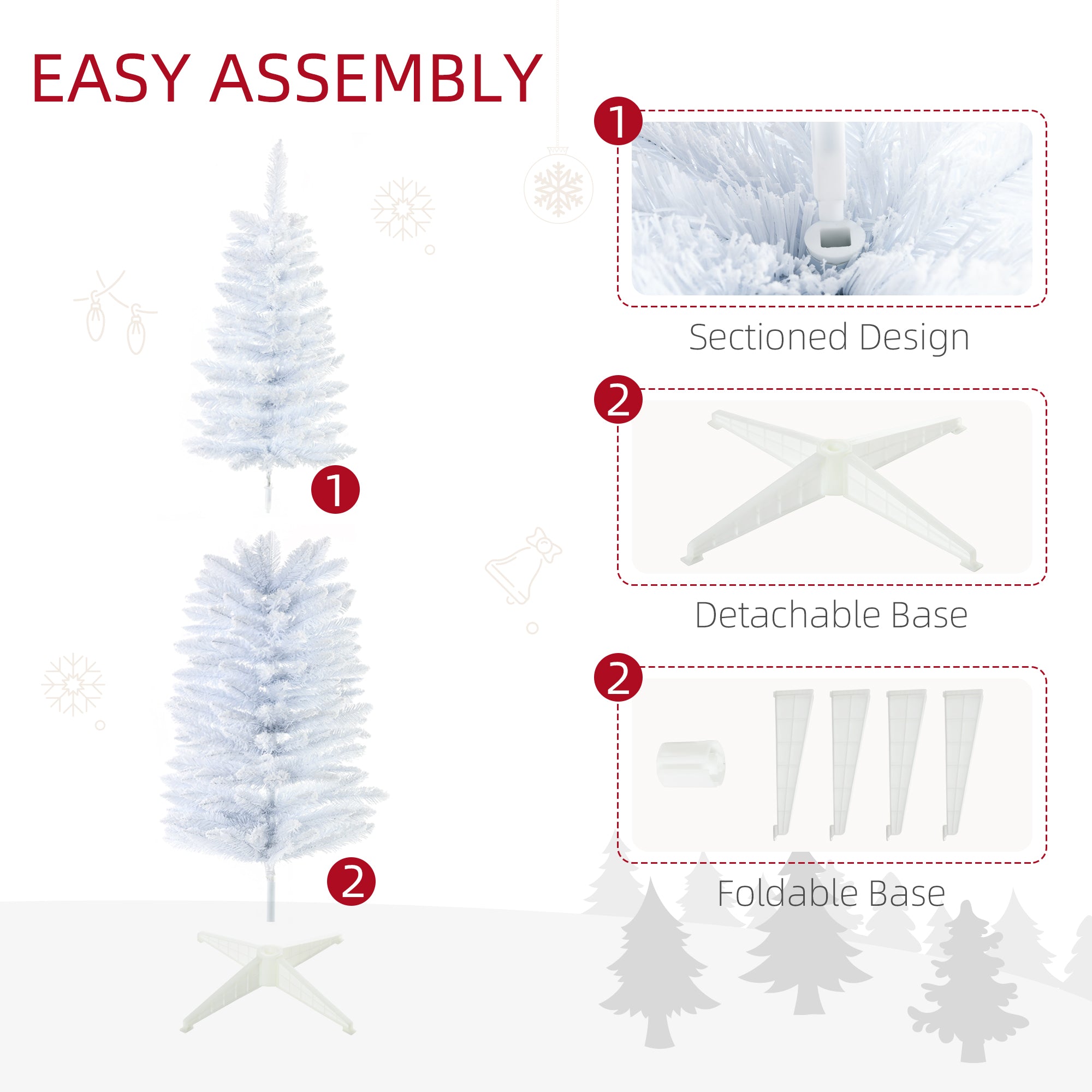 HOMCOM 5' Snow Flocked Pencil Christmas Tree - Slim White Xmas Tree with Realistic Branches & Plastic Base for Indoor Home Decoration. Easy Assembly & Storage.