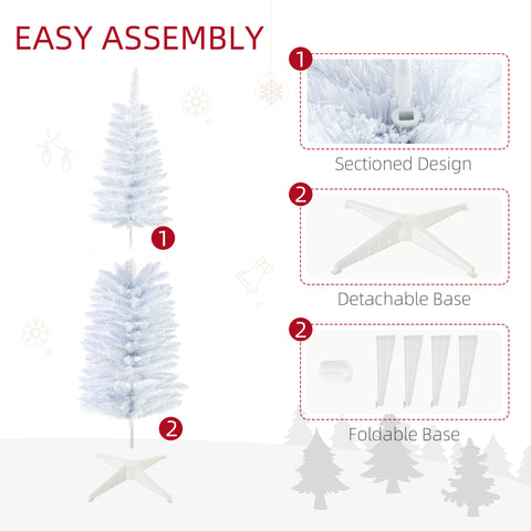 HOMCOM 5' Snow Flocked Pencil Christmas Tree - Slim White Xmas Tree with Realistic Branches & Plastic Base for Indoor Home Decoration. Easy Assembly & Storage.