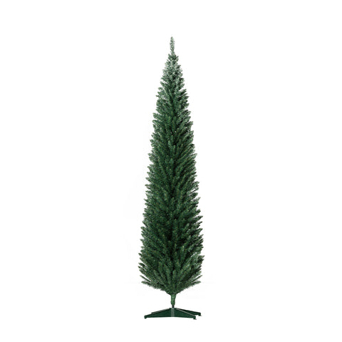 HOMCOM 8ft Slim Pencil Christmas Tree | 618 Realistic Branch Tips | Flame-Retardant Plastic | Green | Indoor Home & Fireplace Decor | Easy Assembly & Storage
