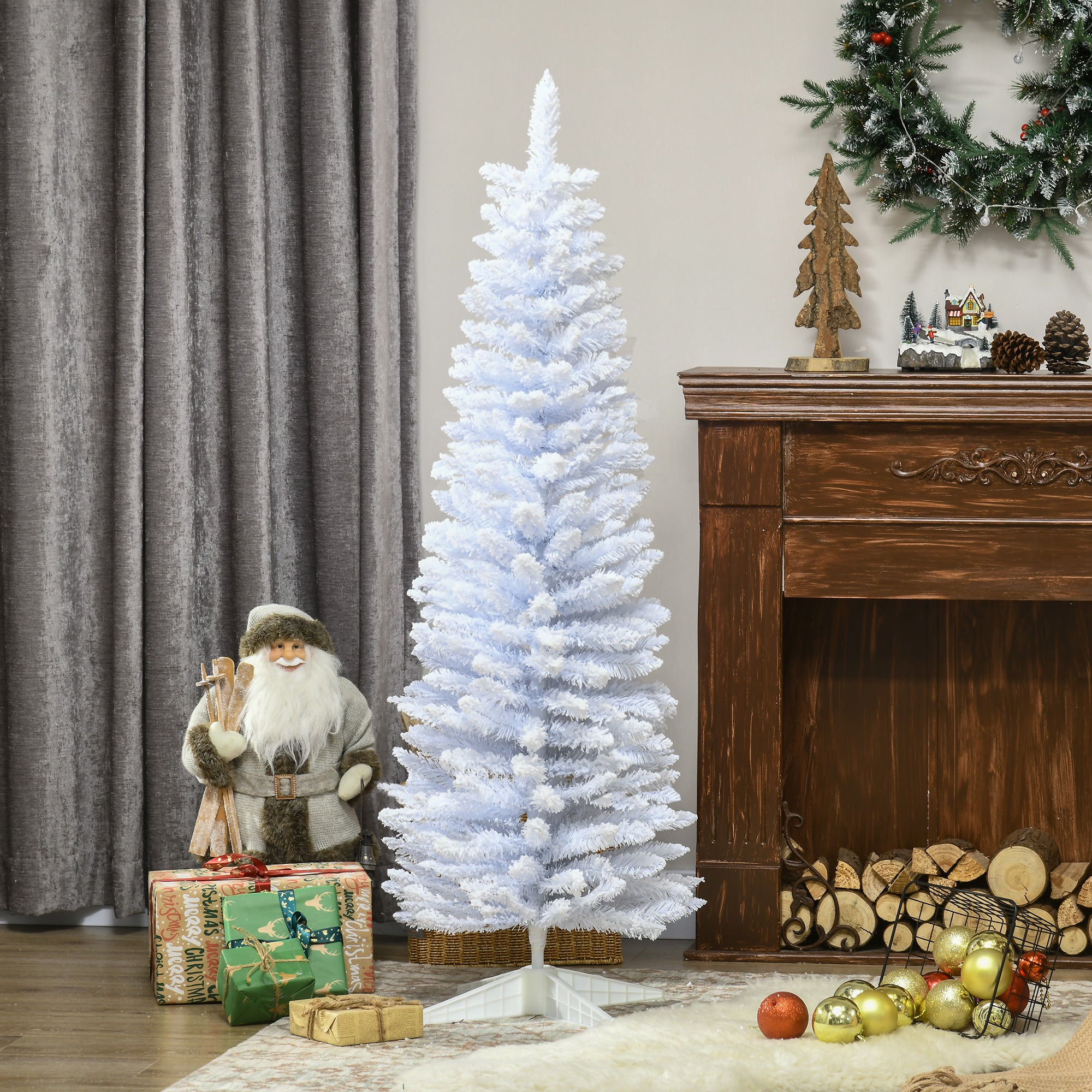 HOMCOM 5' Snow Flocked Pencil Christmas Tree - Slim White Xmas Tree with Realistic Branches & Plastic Base for Indoor Home Decoration. Easy Assembly & Storage.