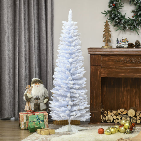 HOMCOM 5' Snow Flocked Pencil Christmas Tree - Slim White Xmas Tree with Realistic Branches & Plastic Base for Indoor Home Decoration. Easy Assembly & Storage.