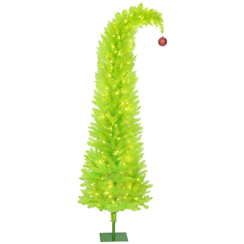 84 Inch Whimsical Pencil Christmas Tree - Slim Green Xmas Tree with Red Ball Top, 250 Warm White LED Lights, Metal Base for Indoor Holiday Decor
