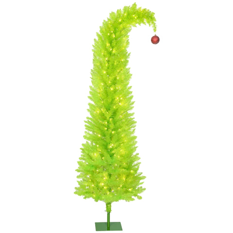72 Inch Whimsical Pencil Christmas Tree - Prelit Green Xmas Tree with 230 Warm White LEDs, Red Ball Top, 555 Tips, Metal Base for Indoor Holiday Decor
