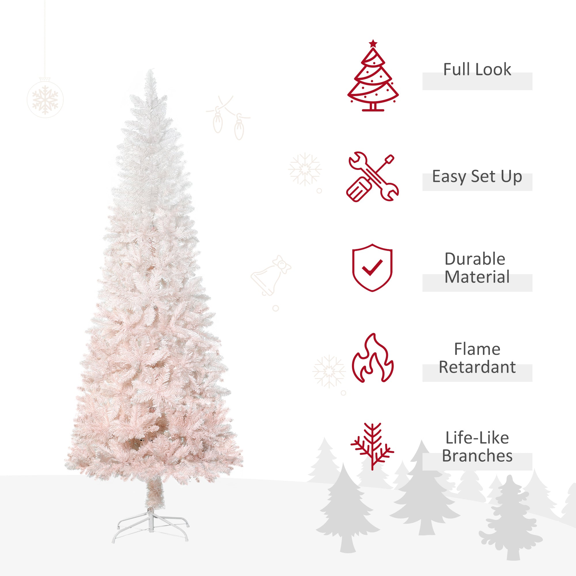 HOMCOM 7ft Pink & White Pencil Fir Artificial Christmas Tree - Unlit, Slim PVC, Realistic Branches, Steel Base - Perfect for Small Spaces, Entryways, Festive Home Decor