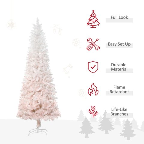 HOMCOM 7ft Pink & White Pencil Fir Artificial Christmas Tree - Unlit, Slim PVC, Realistic Branches, Steel Base - Perfect for Small Spaces, Entryways, Festive Home Decor