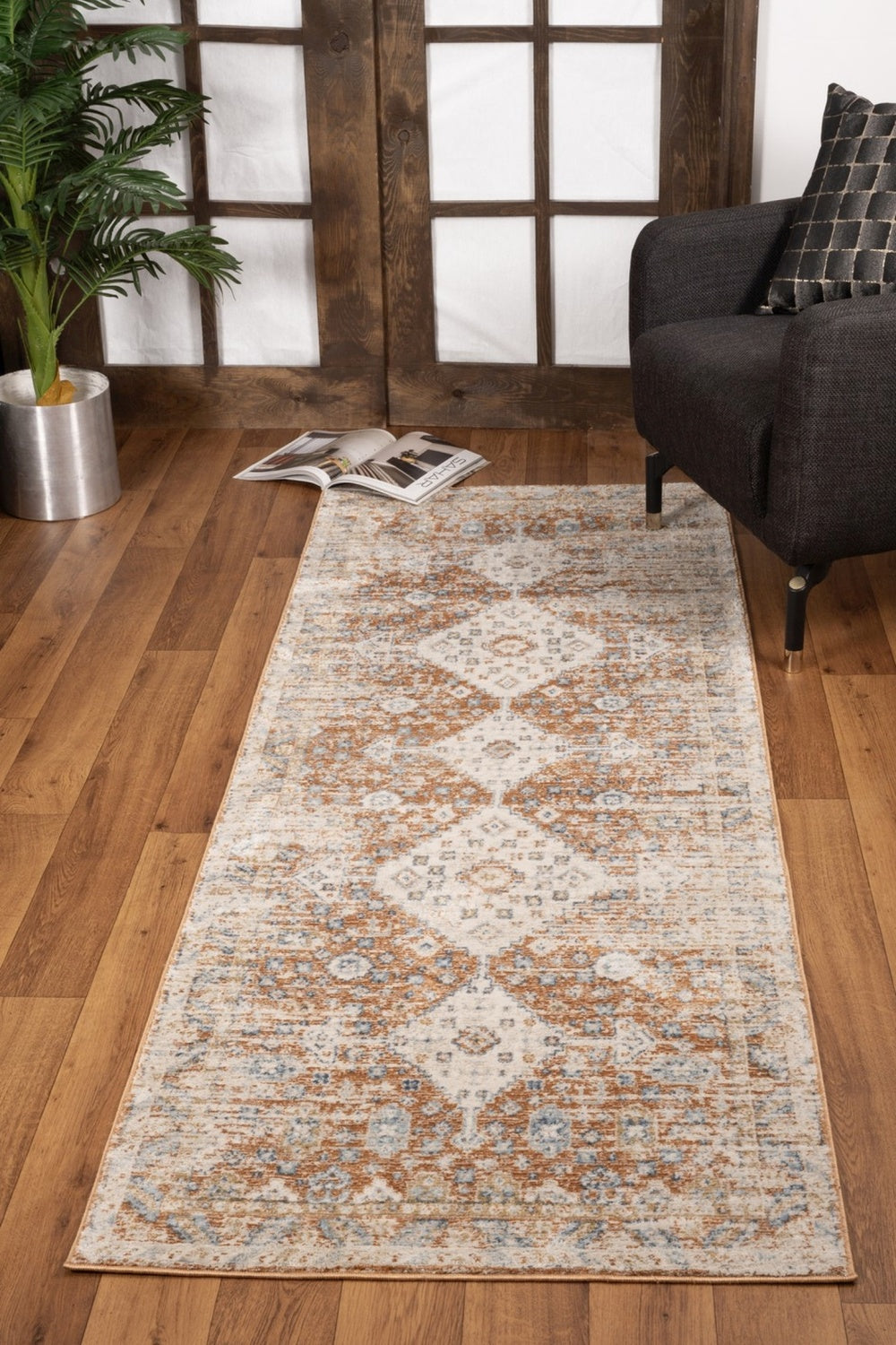 Noble GC_GEN7004 Rust 5'3" x 7'3" Area Rug - 100% Polyester Medallion Pattern, Stain Resistant, Durable for High Traffic, Kid & Pet Friendly, 0.31" Pile Height, Made in Turkey