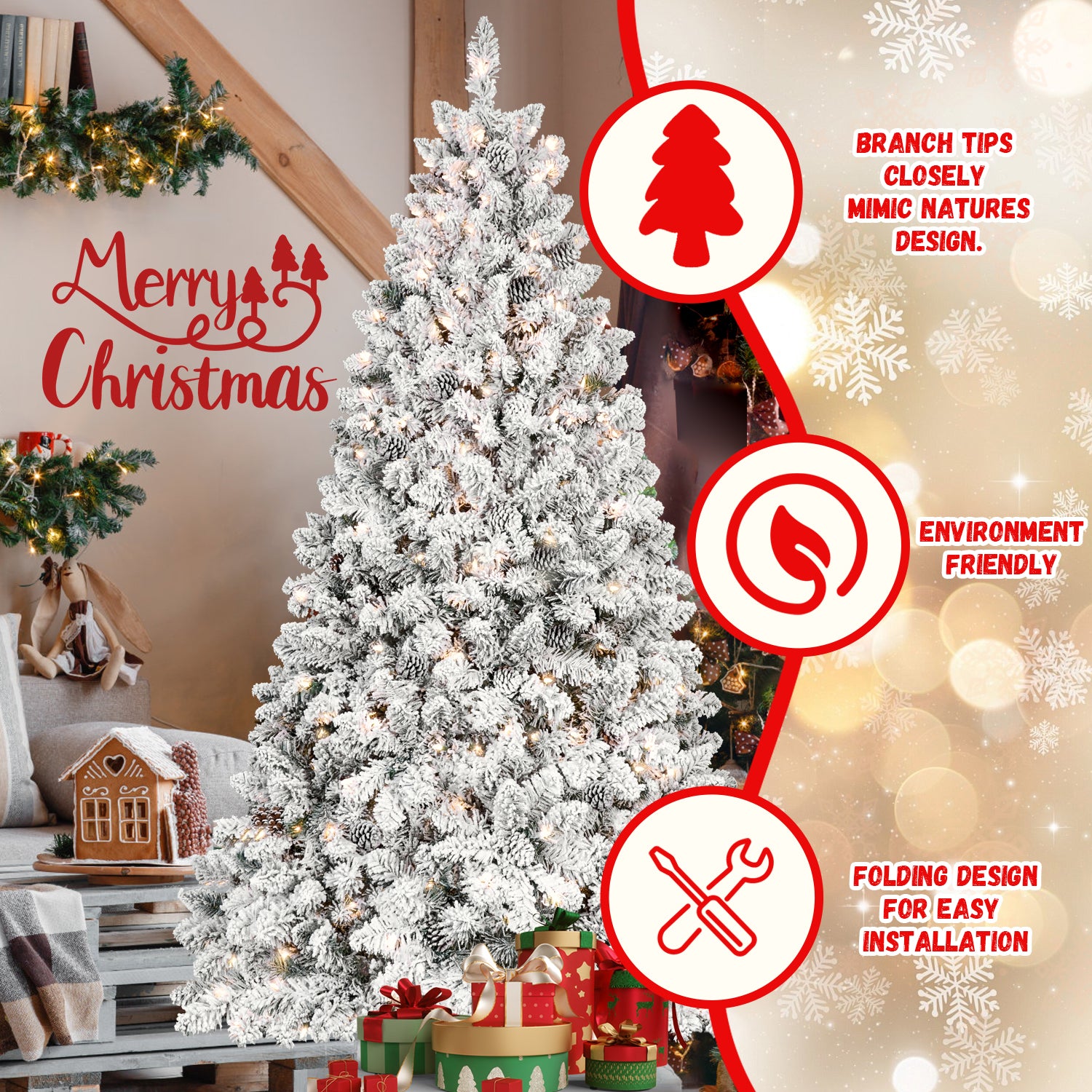 4.5FT Snow-Flocked Christmas Tree with 250 UL Lights & 24 Pine Cones | Hinged PVC Tree for Easy Setup | Stable Metal Stand | Rustic Winter Wonderland Decor | Green & White