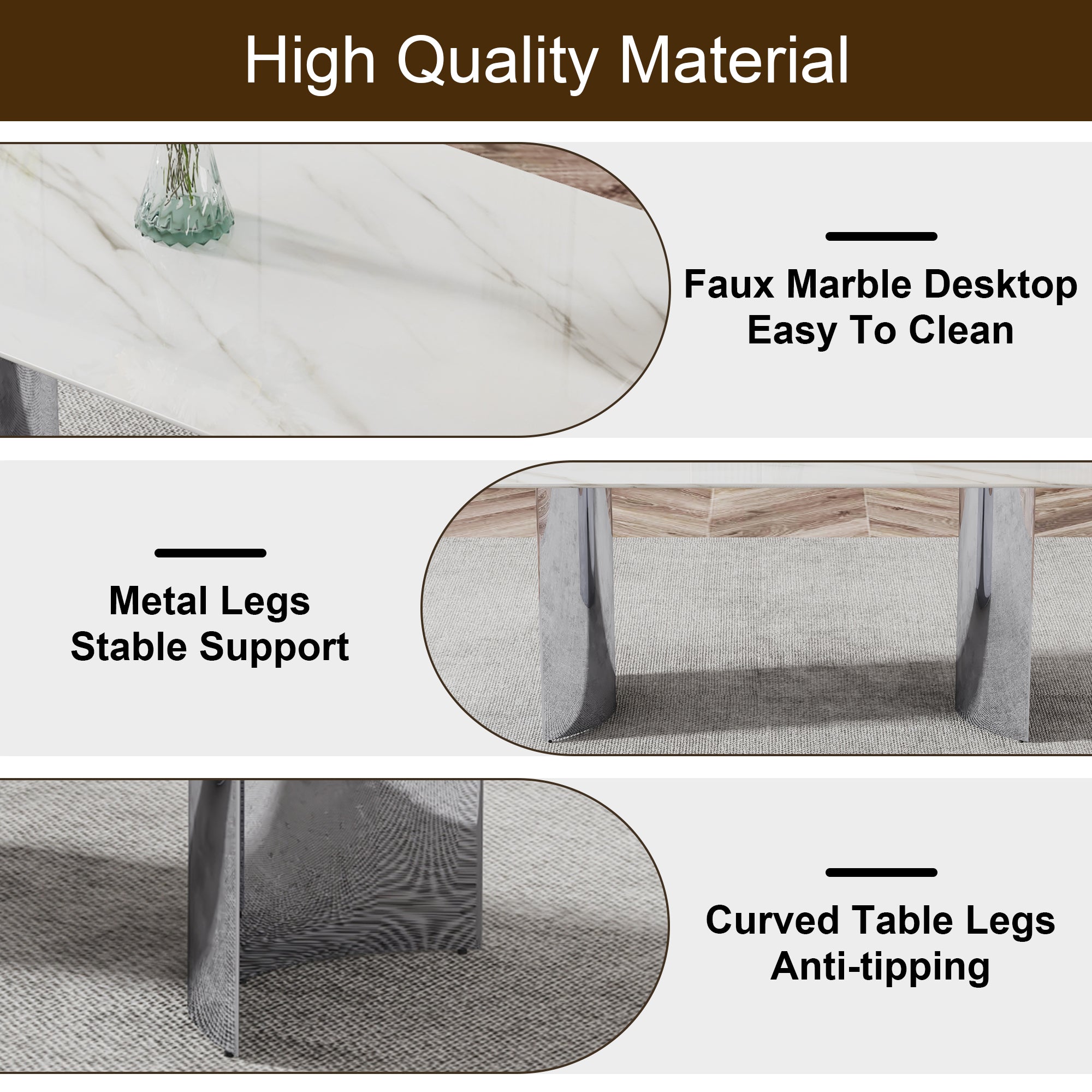 Modern Minimalist Dining Table & Chair Set | Imitation Marble Glass Top | Stainless Steel Legs | Comfortable PU Seats | Ideal for Dining Room, Kitchen, Parties | Easy Assembly | Silver | DT-69