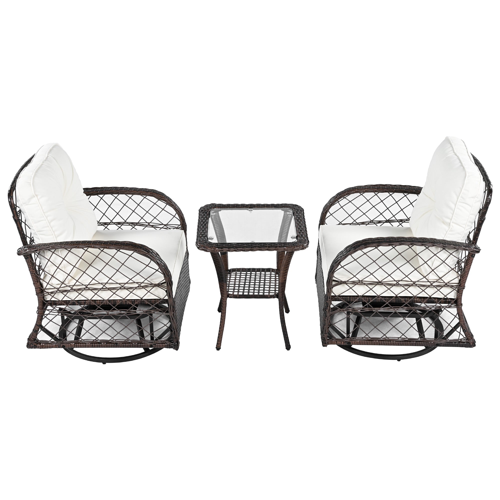 3-Piece Brown Rattan Outdoor Chat Set: 2 Swivel Rocker Chairs &amp; Glass Top Table for Garden Patio Balcony, Weather-Resistant Wicker Seating Group with Cushions