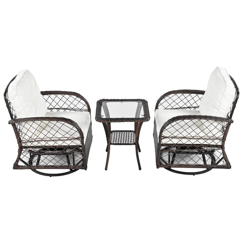 3-Piece Brown Rattan Outdoor Chat Set: 2 Swivel Rocker Chairs &amp; Glass Top Table for Garden Patio Balcony, Weather-Resistant Wicker Seating Group with Cushions