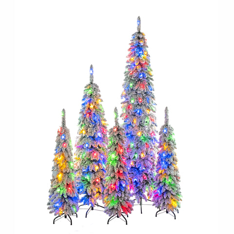 5-Set Pre-Lit Pencil Christmas Trees: 8ft, 6ft, 4ft Slim Artificial Trees w/ Snow Flocking, 350 LED Lights, 11 Modes, Realistic PVC, Indoor Holiday Decor