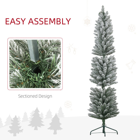 HOMCOM 6ft Snow Flocked Pencil Christmas Tree, Realistic Artificial Xmas Tree with 329 Tips &amp; Metal Base, Space-Saving Green Plastic Tree for Indoor Festive Decor