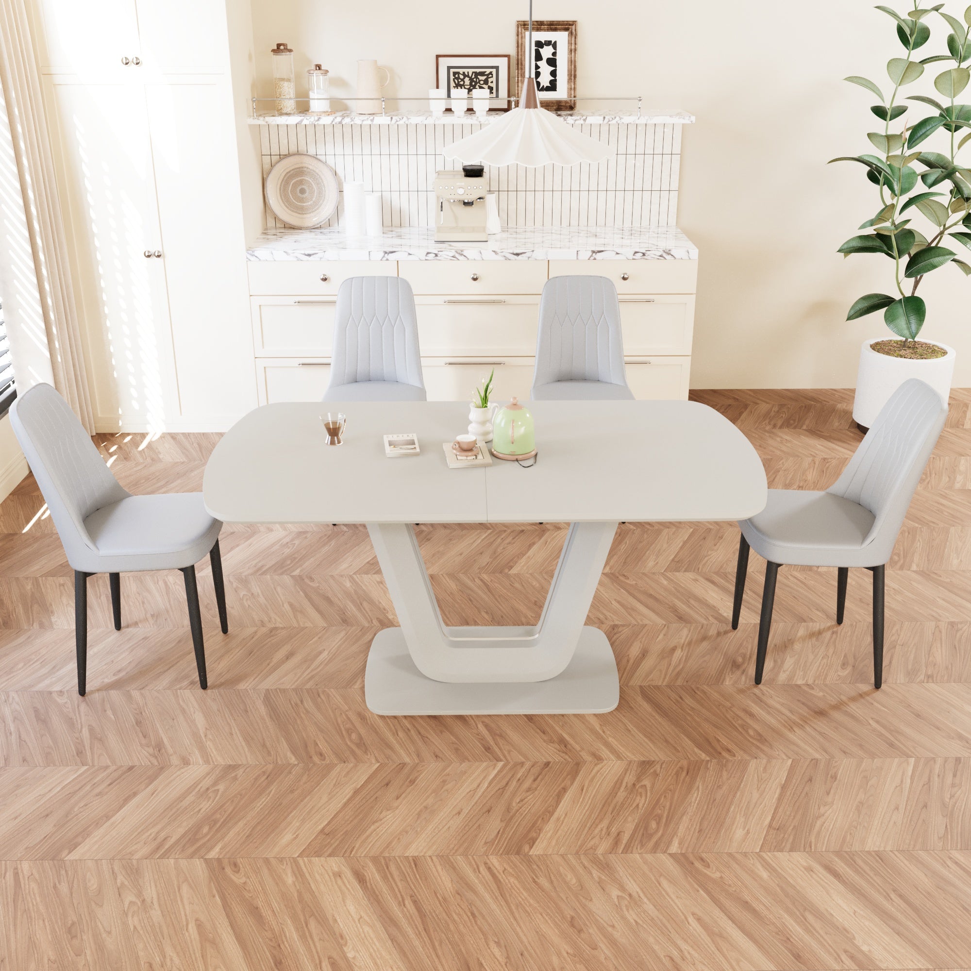 Expandable Dining Table Set for 2-8 People, 63-79" Gray MDF Kitchen Table with 4 PU Leather Padded Chairs, U-Shaped Legs, Modern Farmhouse Style for Dining Room & Living Room