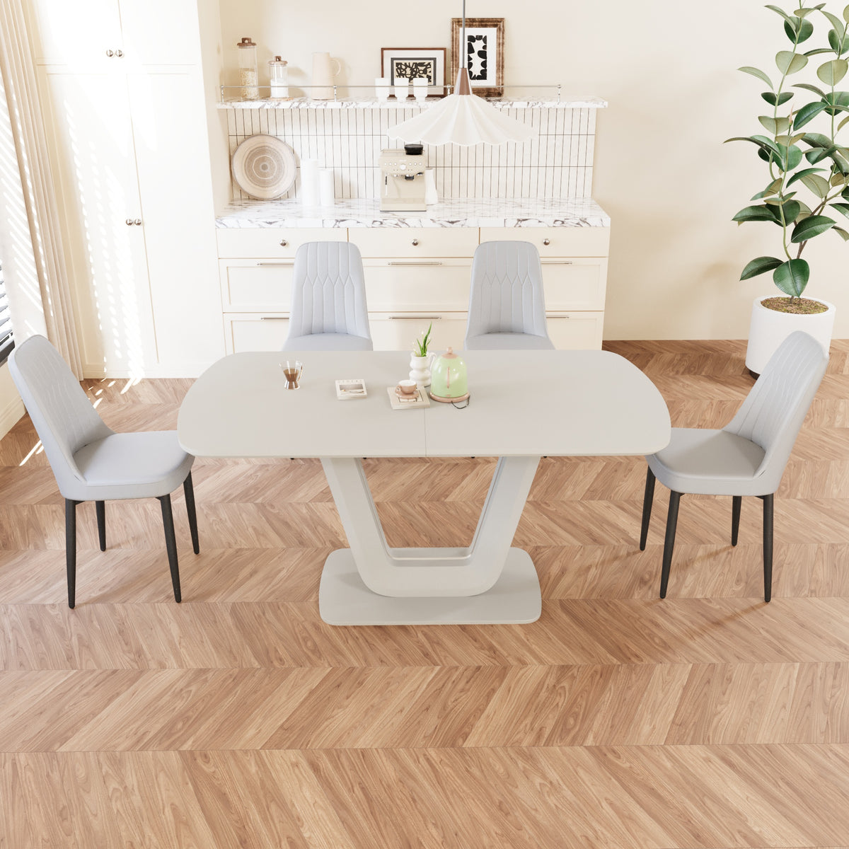 Expandable Dining Table Set for 2-8 People, 63-79" Gray MDF Kitchen Table with 4 PU Leather Padded Chairs, U-Shaped Legs, Modern Farmhouse Style for Dining Room & Living Room