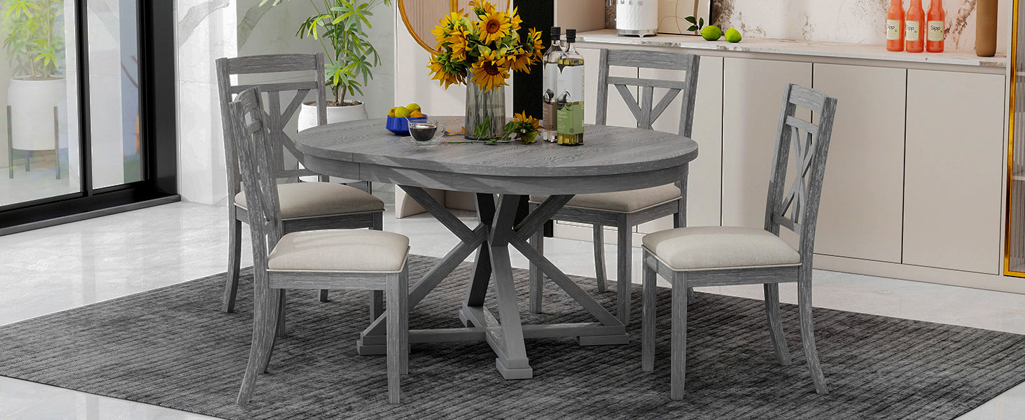 TREXM 5-Piece Extendable Round Dining Table Set for 4 - Vintage Grey Rubberwood & Linen Upholstered Chairs - 42"-54" Oval/Round Table for Kitchen, Dining Room, Living Room