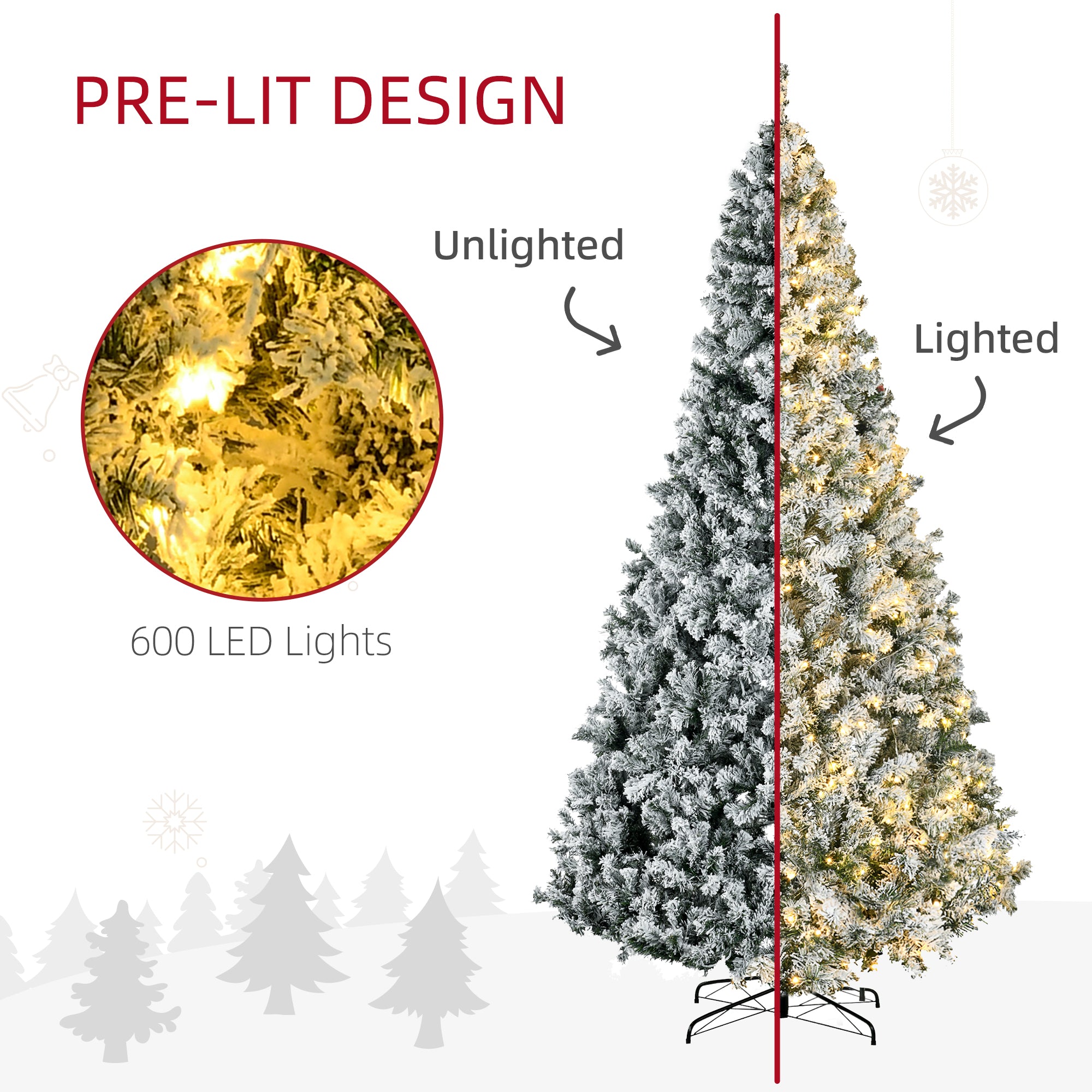 HOMCOM 9ft Snow Flocked Prelit Christmas Tree | 1868 Branches, 600 Warm White LEDs | Auto-Open, Flame Retardant | Realistic Green Artificial Holiday Decor, 55" W x 106.3" H