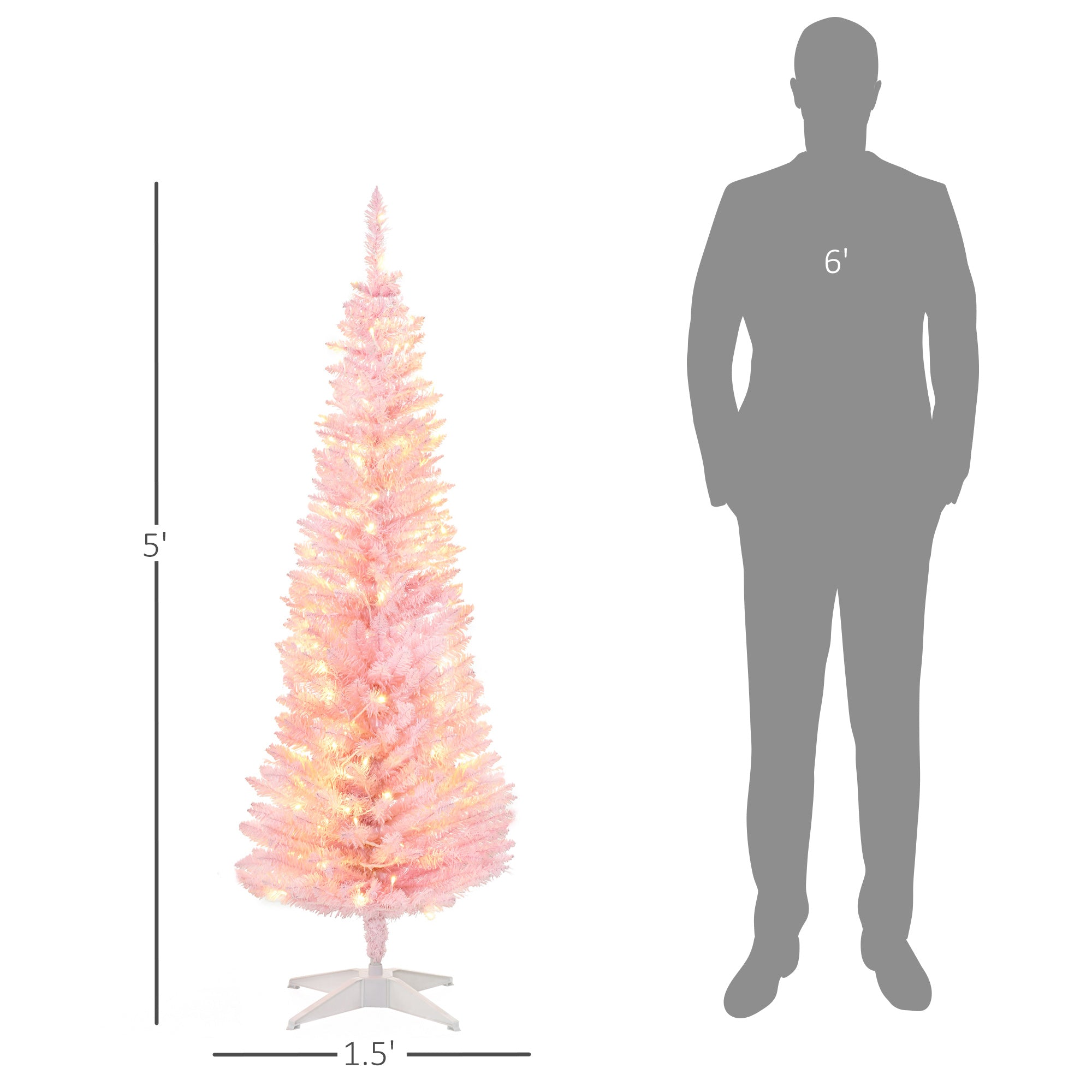 HOMCOM 5' Pink Slim Noble Fir Artificial Christmas Tree | 110 Warm White LEDs, 294 Tips | Realistic, Flame-Retardant Plastic | Easy Setup & Storage for Festive Home Decor
