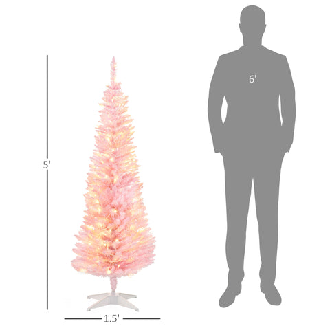 HOMCOM 5' Pink Slim Noble Fir Artificial Christmas Tree | 110 Warm White LEDs, 294 Tips | Realistic, Flame-Retardant Plastic | Easy Setup & Storage for Festive Home Decor