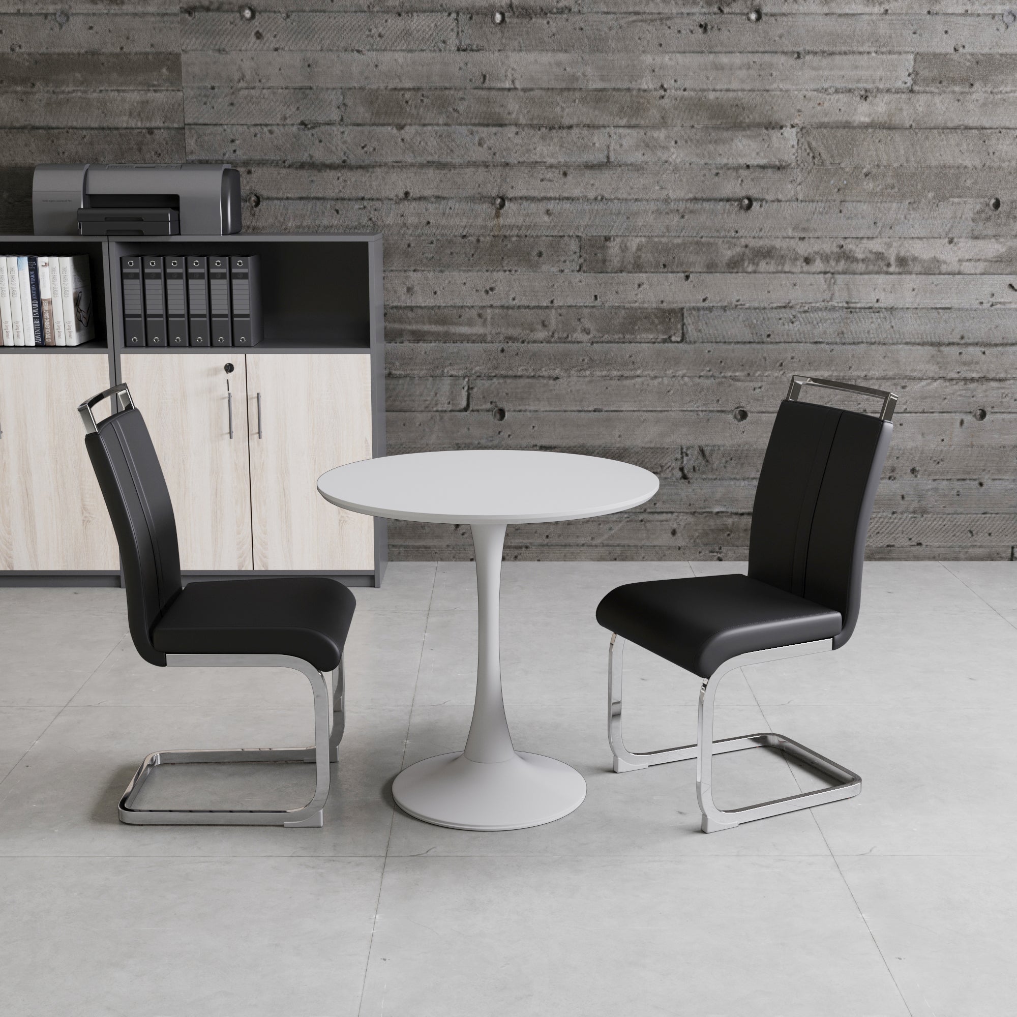 31.5" White Tulip Round Dining Table Set for 2-4, MDF Top & Base with 2 Black PU Leather Metal Leg Chairs - Modern Kitchen & Small Space Furniture