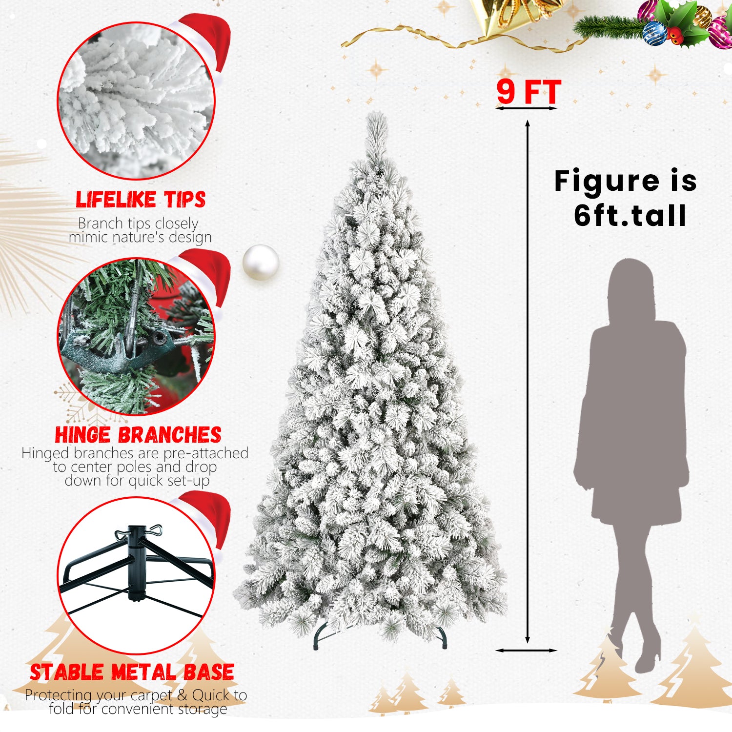 7.5FT Snow-Flocked Christmas Tree - 1252 Tips, Hinged PVC &amp; Hard Needle Branches, Realistic Full-Body Holiday Decor with Sturdy Metal Stand - Green &amp; White Indoor Festive Centerpiece