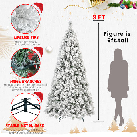 7.5FT Snowy Flocked Christmas Tree | 500 Warm White LEDs | 1252 Tips | Hinged PVC & Hard Needle Branches | Sturdy Metal Stand | Full Realistic Holiday Decor