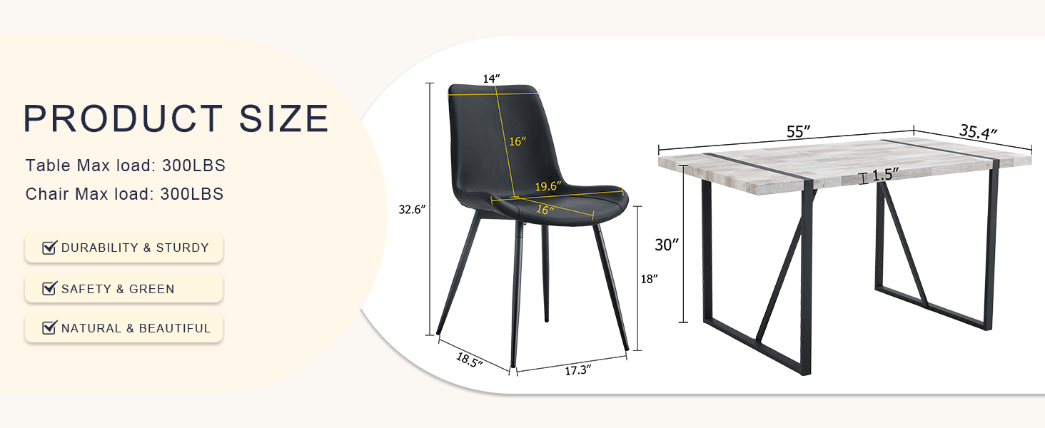Table and chair set.A minimalist retro rectangular dining table with a specially textured top and black metal legs.Paired With 4 Black Artificial PU Chairs With Curved Widened Cushion Design.