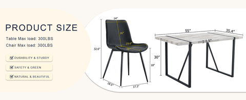 Table and chair set.A minimalist retro rectangular dining table with a specially textured top and black metal legs.Paired With 4 Black Artificial PU Chairs With Curved Widened Cushion Design.