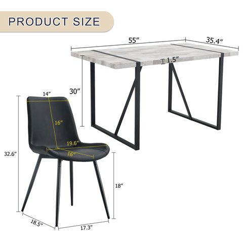 Table and chair set.A minimalist retro rectangular dining table with a specially textured top and black metal legs.Paired With 4 Black Artificial PU Chairs With Curved Widened Cushion Design.