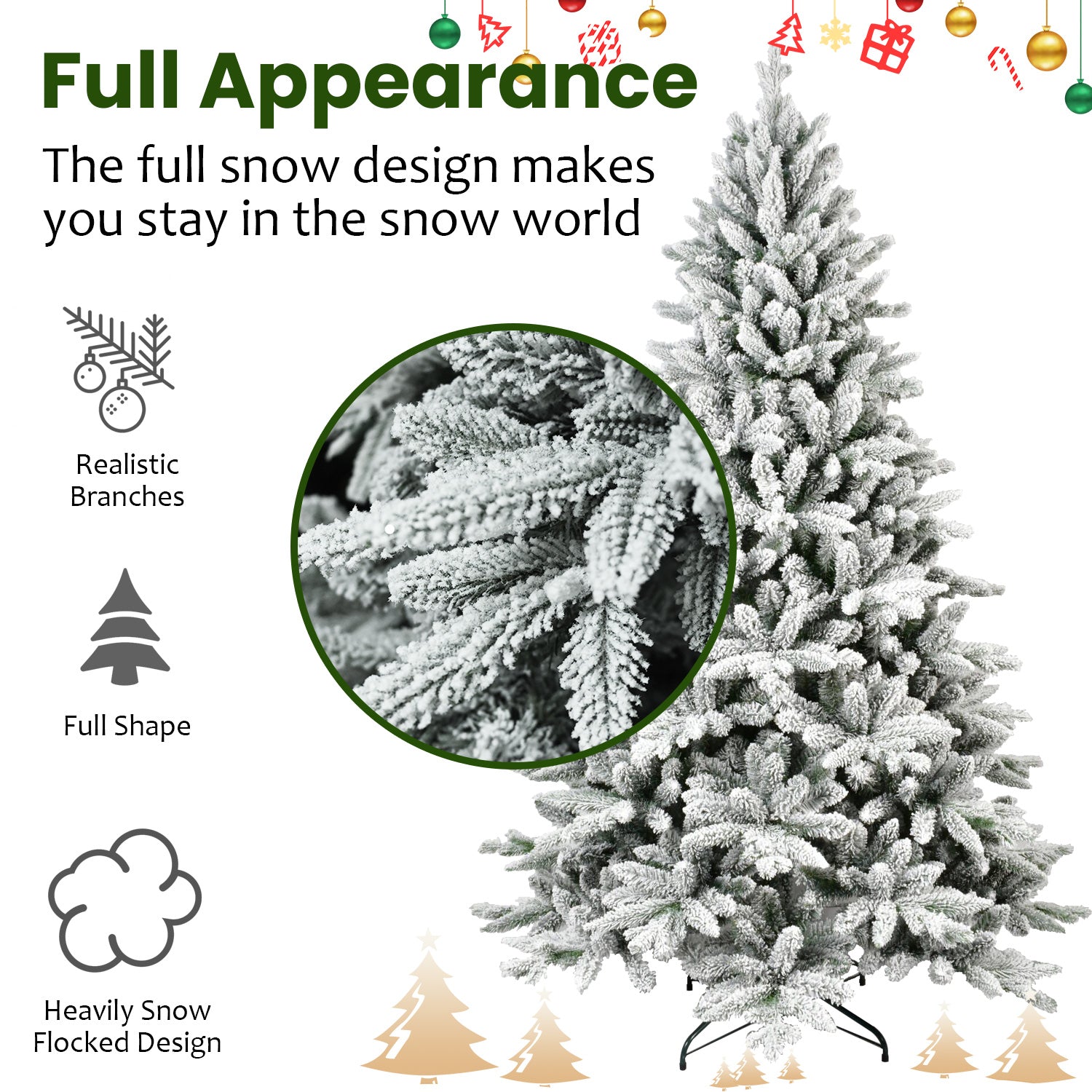 7ft Snowy Flocked Christmas Tree | 1514 Dense PE+PVC Tips | Hinged for Easy Setup | Sturdy Metal Stand | Full Artificial Xmas Tree for Indoor Holiday Decor