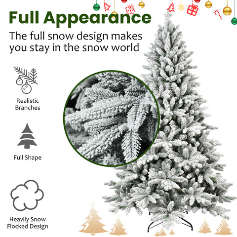 7ft Snowy Flocked Christmas Tree | 1514 Dense PE+PVC Tips | Hinged for Easy Setup | Sturdy Metal Stand | Full Artificial Xmas Tree for Indoor Holiday Decor