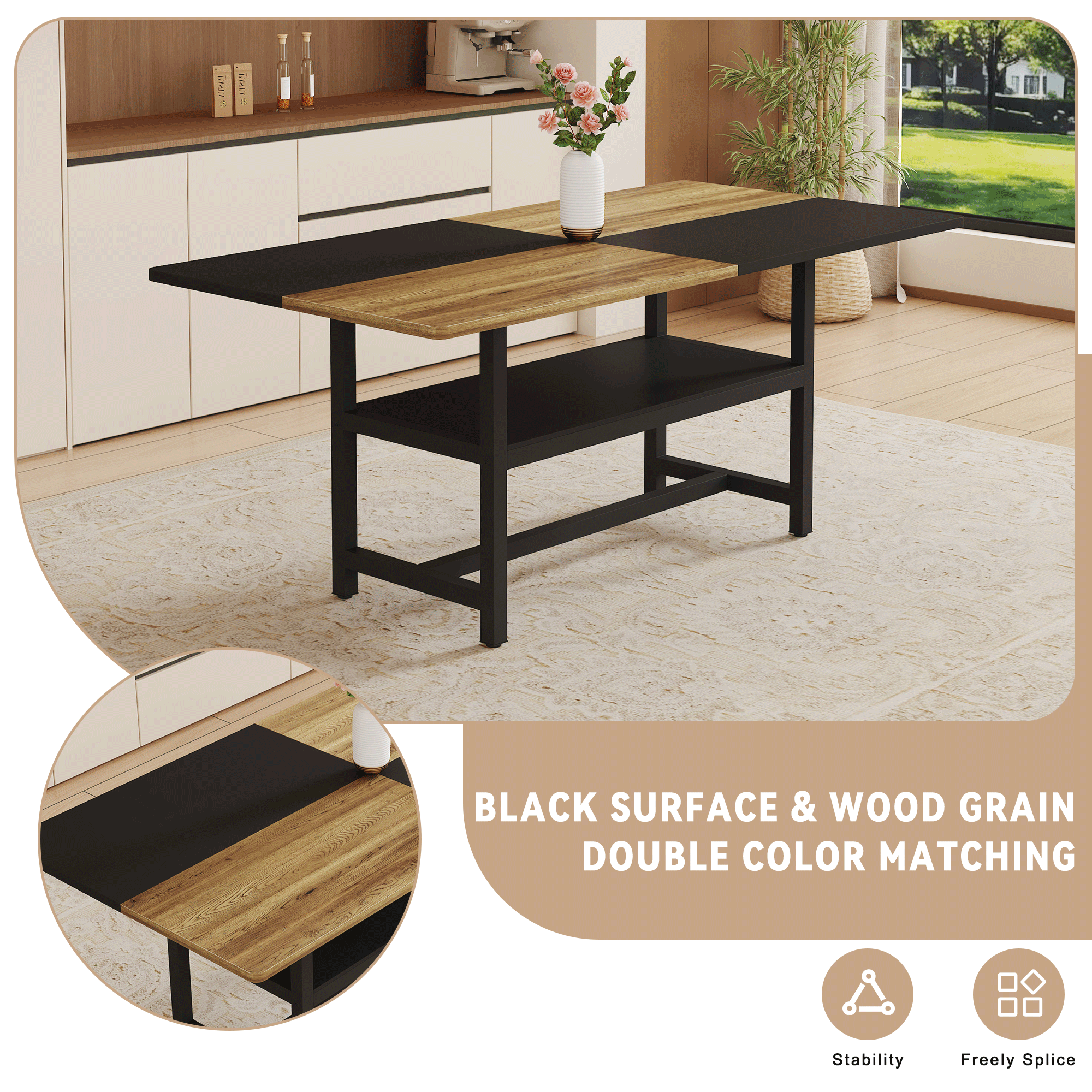 71" Wooden & Black Spliced Dining Table Set with Storage, Seats 6, Paired with Light Gray Linen-Cotton Chairs - Perfect for Kitchen, Dining Room, Home Gatherings