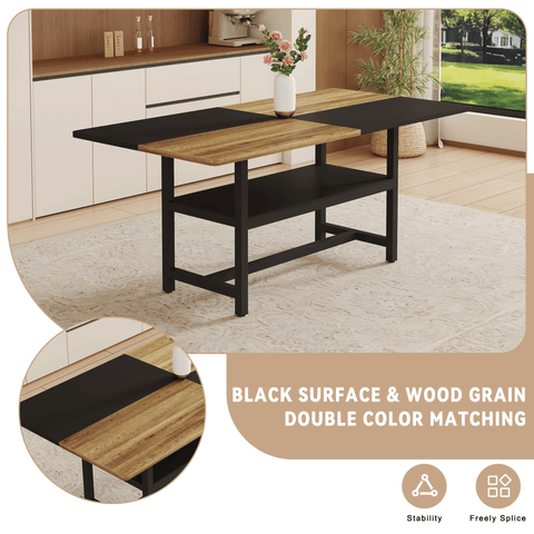 71" Wooden & Black Spliced Dining Table Set with Storage, Seats 6, Paired with Light Gray Linen-Cotton Chairs - Perfect for Kitchen, Dining Room, Home Gatherings