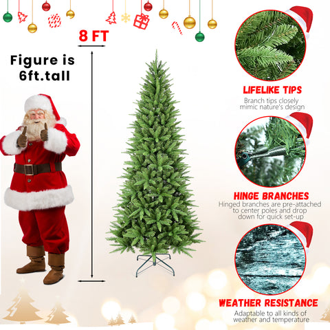 9FT Slim Green Christmas Tree: 2152 Realistic PE+PVC Tips, Hinged Design, Stable Metal Stand – Perfect for Apartments, Corners & Small Spaces