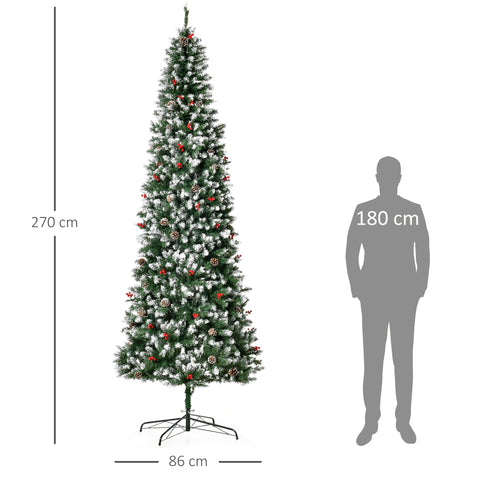 HOMCOM 9ft Snow-Dipped Artificial Christmas Tree | 460 LED Lights, 1298 Tips, Pine Cones &amp; Red Berries | Realistic PVC Branches for Festive Indoor Decor | Easy Assembly &amp; Storage