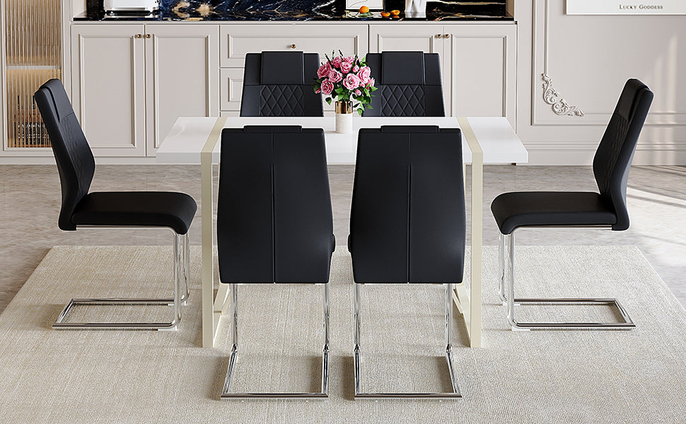 55" Cream-Style White MDF Dining Table Set with 6 Black PU Chairs & Silver Metal Legs - Modern Kitchen Furniture for Family Meals, Seats 6, Durable & Easy Assembly