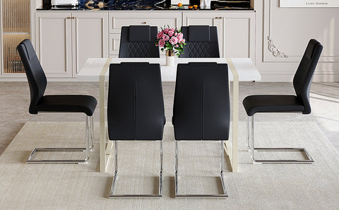 55" Cream-Style White MDF Dining Table Set with 6 Black PU Chairs & Silver Metal Legs - Modern Kitchen Furniture for Family Meals, Seats 6, Durable & Easy Assembly