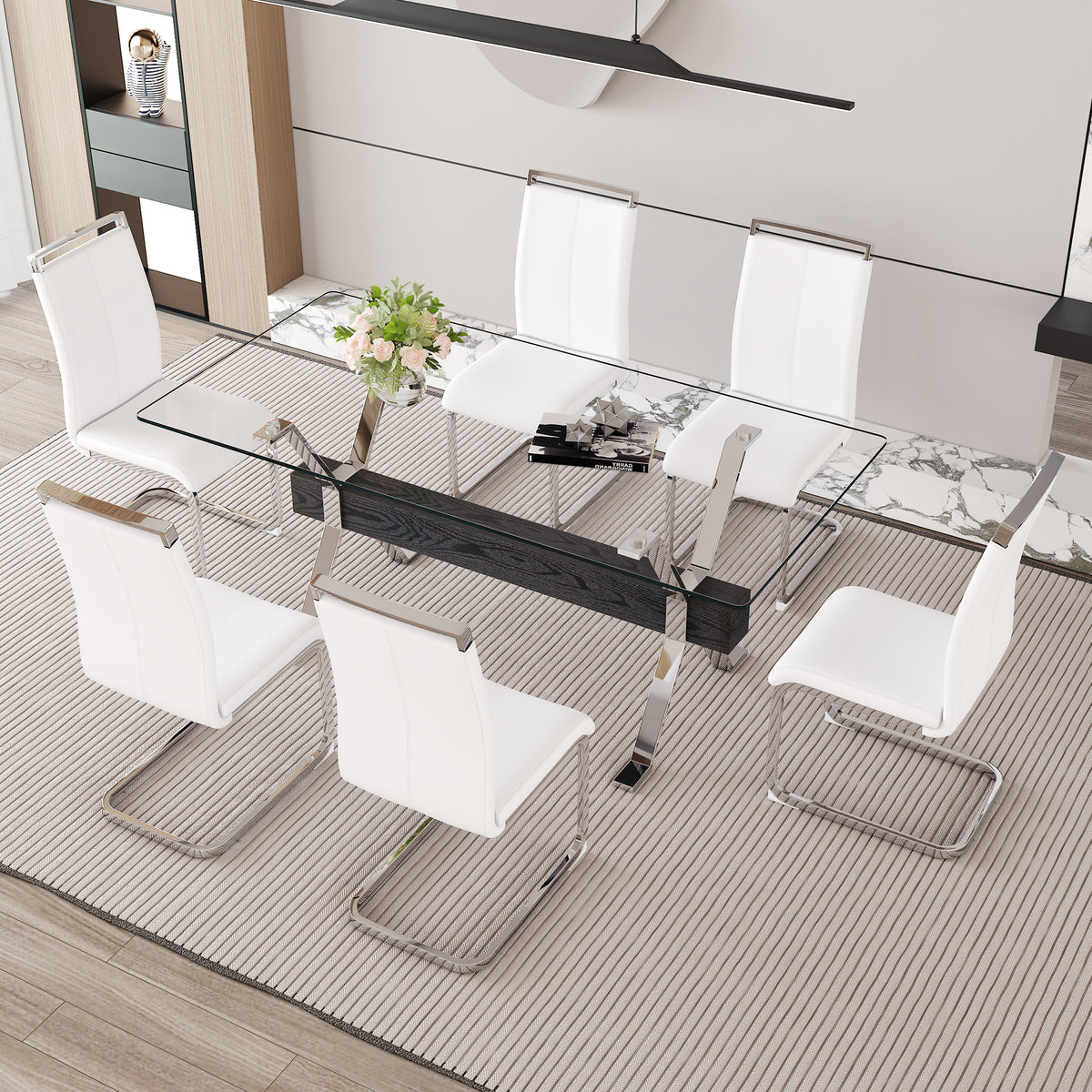 Elegant Transparent Tempered Glass Dining Set with 6 White PU Chairs - 71"x35.4" Modern Kitchen &amp; Dining Room Furniture for 4-8 People, Silver Legs, Minimalist Design