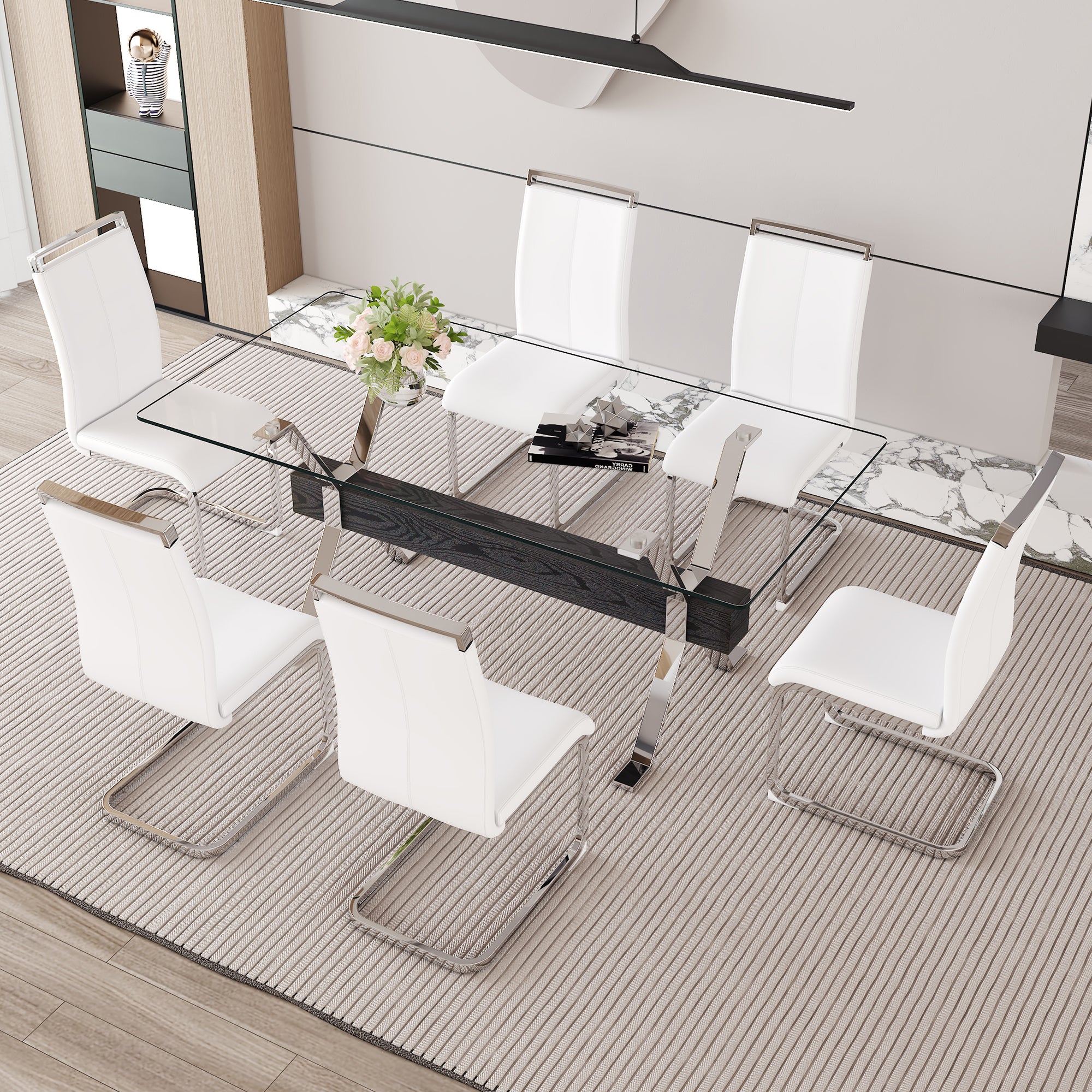 Elegant Transparent Tempered Glass Dining Set with 6 White PU Chairs - 71"x35.4" Modern Kitchen &amp; Dining Room Furniture for 4-8 People, Silver Legs, Minimalist Design