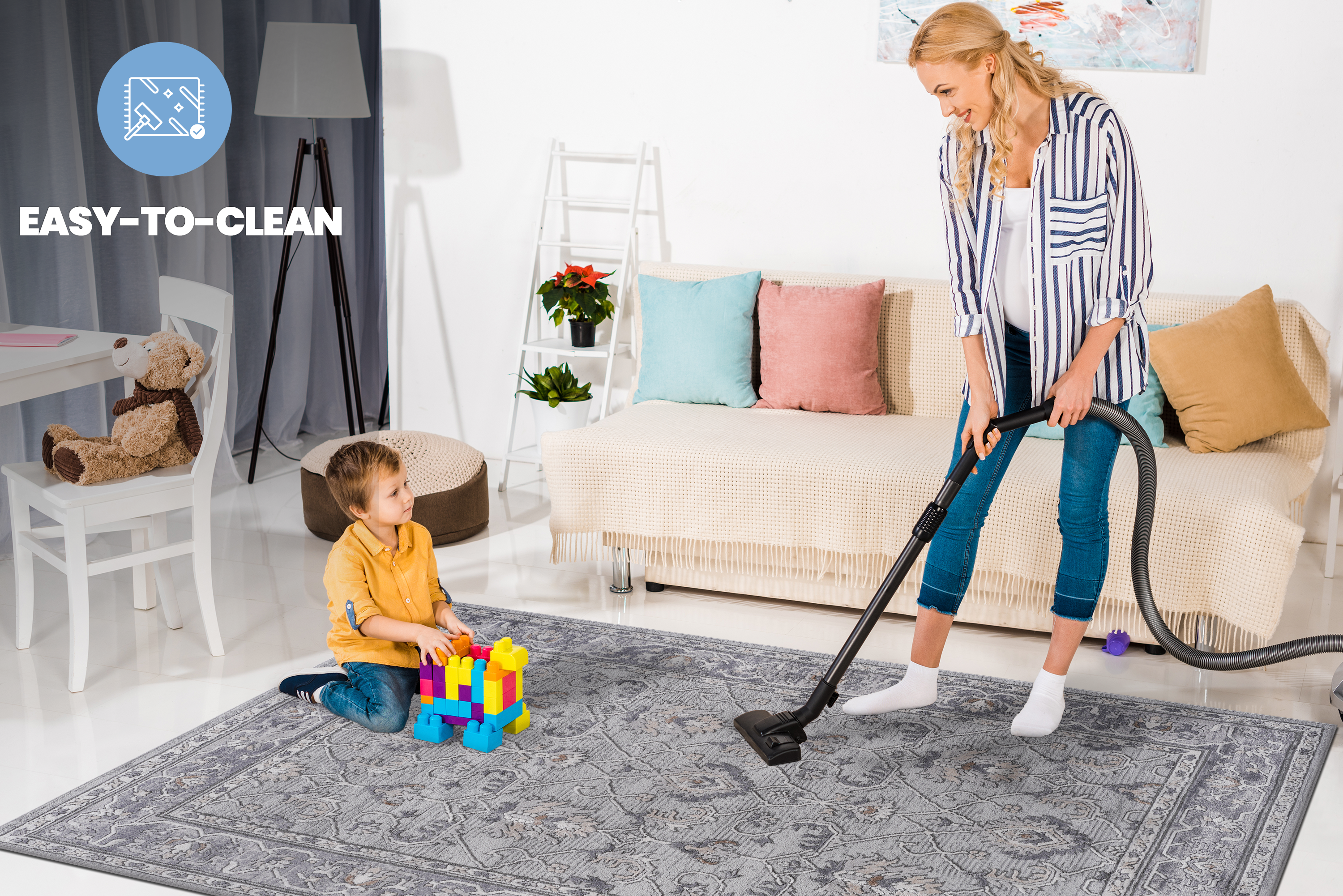 MARFI Collection 8x10 Oriental Area Rug - Stain-Resistant Polyester Ivory &amp; Grey Loop Pile for Living Room, Dining Room, Bedroom, Office, Turkey Made, Durable, Easy Clean, 0.35" Pile