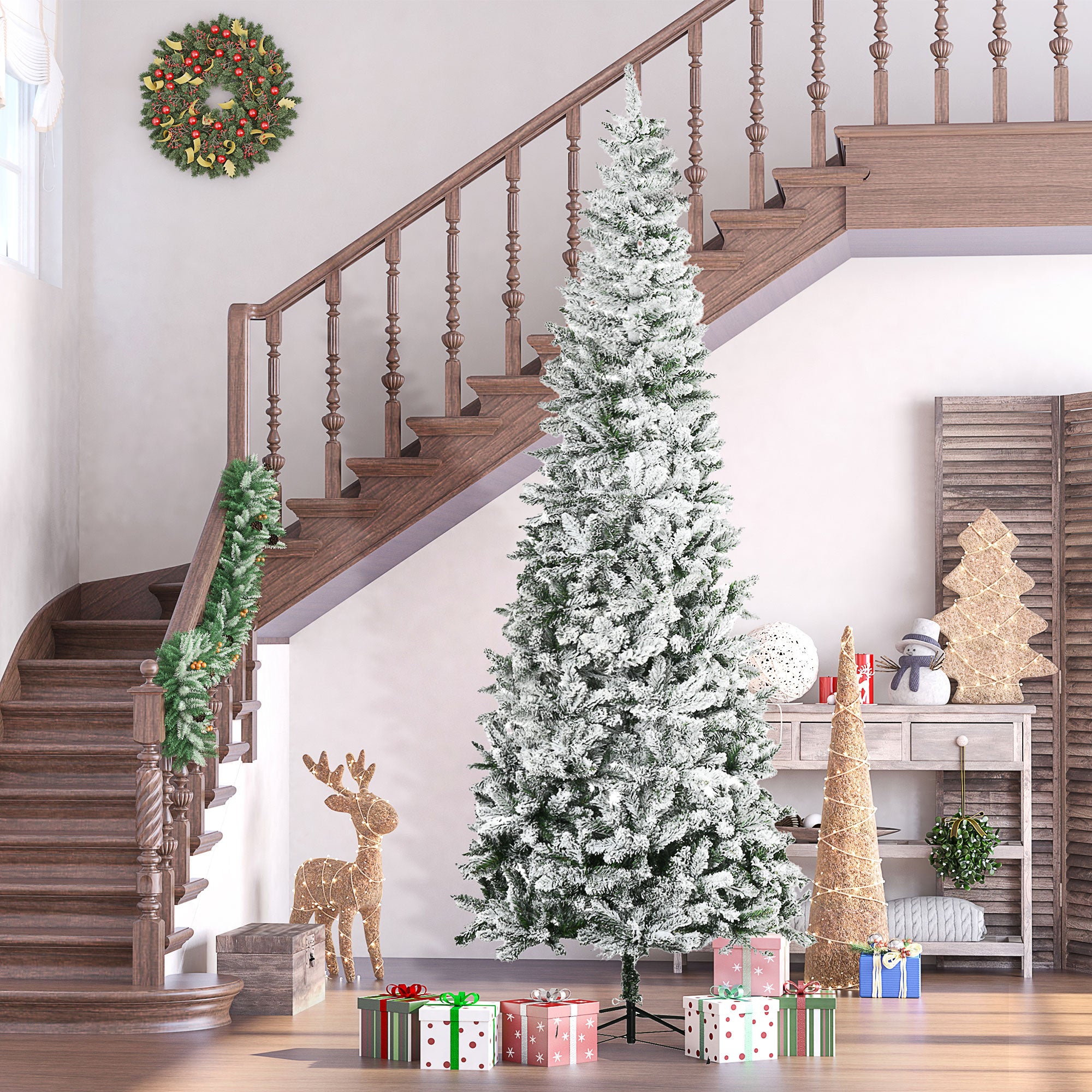 HOMCOM 9ft Slim Snow-Flocked Pine Artificial Christmas Tree, Realistic 1084 Tips, Green Plastic, Auto-Open for Festive Home Decor, Sturdy Steel Base