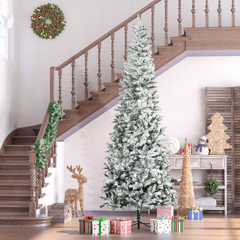 HOMCOM 9ft Slim Snow-Flocked Pine Artificial Christmas Tree, Realistic 1084 Tips, Green Plastic, Auto-Open for Festive Home Decor, Sturdy Steel Base